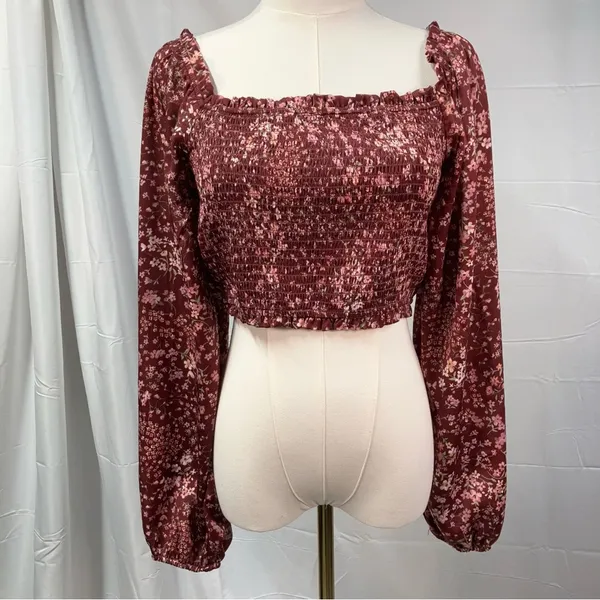 Altar’d State Vaella Smocked Floral Top in Burgundy Long Sleeve‎ Cropped medium - Image 2