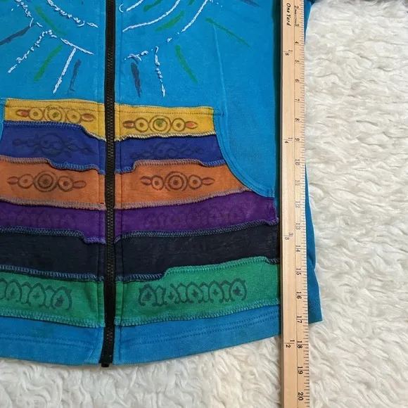Agan Traders Patchwork Hoodie Women XL Blue Boho Sunburst Pixie Zip Up Excellent - Image 7