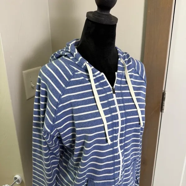 Eddie Bauer Legendwash Blue White Stripe Full Zip Sweater Hoodie Cotton L - Image 2