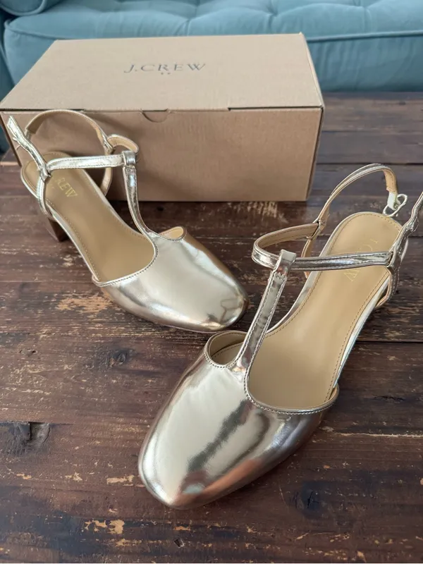NEW! J. Crew T-Strap Heels Metallic Gold Block Heel - Image 2