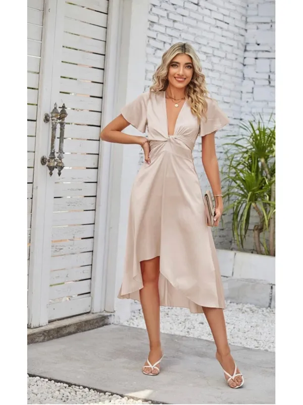 NEW Satin Deep V-Neck Short Sleeve Bow 2-Way Dress M - Image 2