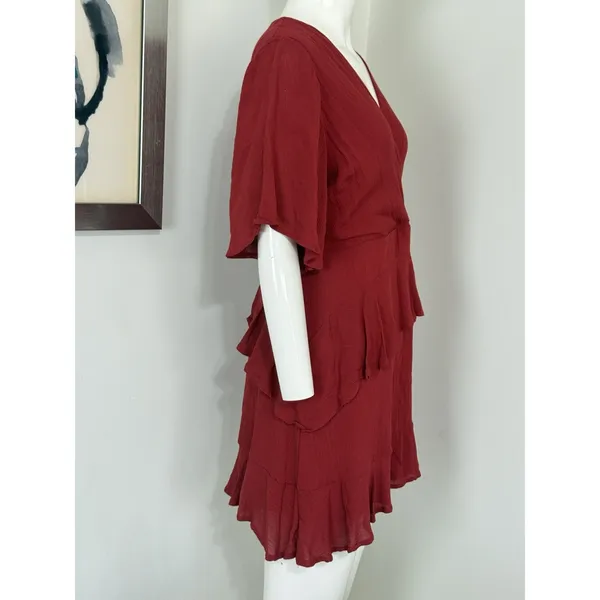 Altar’d State Mini Dress Red Boho Ruffle Tiered Flutter Sleeve V-Neck M NWT - Image 2