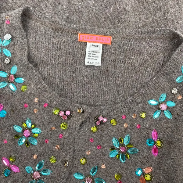 Glam Souls Cashmere Wool Blend Cardigan Rhinestone Brown Size S/M - Image 10