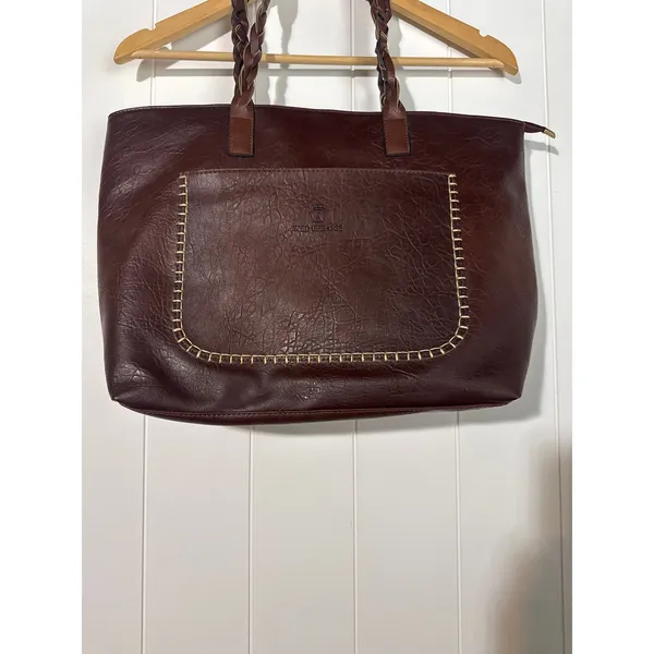 Weimersaige Brown Shoulder Tote Bag Braided Handles Whipstitch Zip Large - Image 3