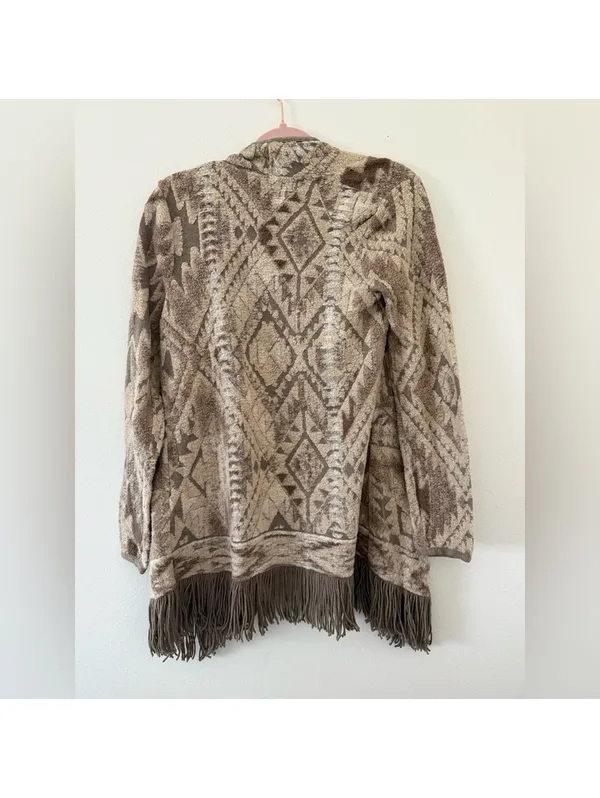 Lucky Neutral Boho Folk Aztec Western Fringe Open Front Cardigan size small - Image 7