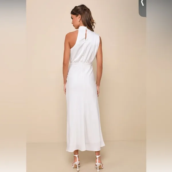 LULU's Bridal HIneymoon Engagement White Satin Modest Halter Mermaid Midi Dress - Image 3