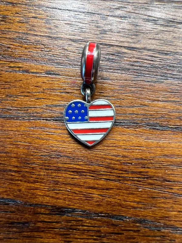 Authentic Pandora Retired USA American Flag Heart Dangle Charm 925 Silver Ring - Image 4