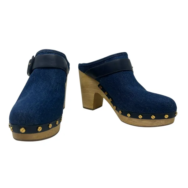 Veronica Beard Dacey Denim Clogs Heels Studded Buckle Wood Blue‎ Size 9.5 - Image 4