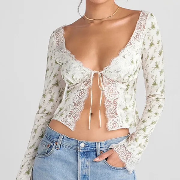 House of CB | Clarissa Garden Print Lace Trim Tie Front Top‎ in Ivory & Green - Image 3