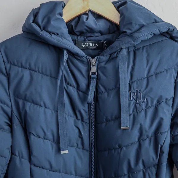 Lauren Ralph Lauren Puffer‎ Jacket Womens XS Navy Blue Chevron Quilted Hood Coat - Image 11