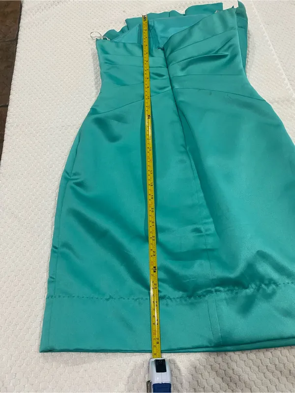 Phoebe Couture Strapless Teal Satin Sheath Dress - Image 5