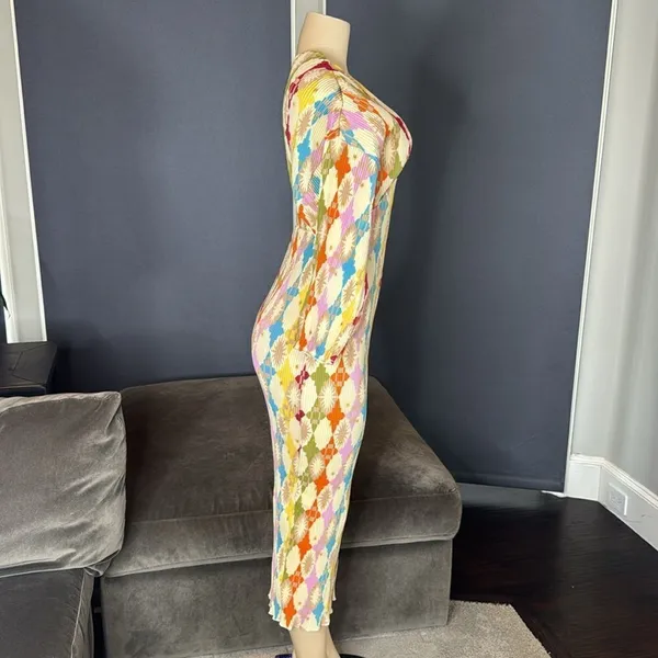 Women’s Colorful Ruched V-Neck Geometric Patterned Maxi Dress Size S NEW - Image 4