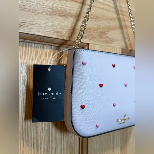 kate spade Pink Madison Heart Studs Pouch Gold Chain Strap Powdered Sugar NWT - Image 6