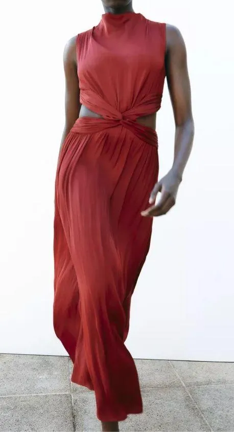 Zara maxi dress Burgundy Sleeveless cut out satin effect evening wedding summer - Image 11