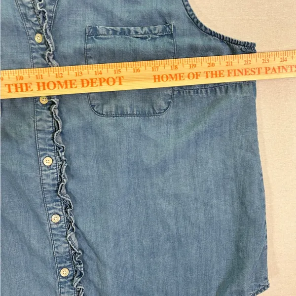 Chicos Blue Sleeveless Ruffle Denim Shirt Button Front Size 3 L XL - Image 8
