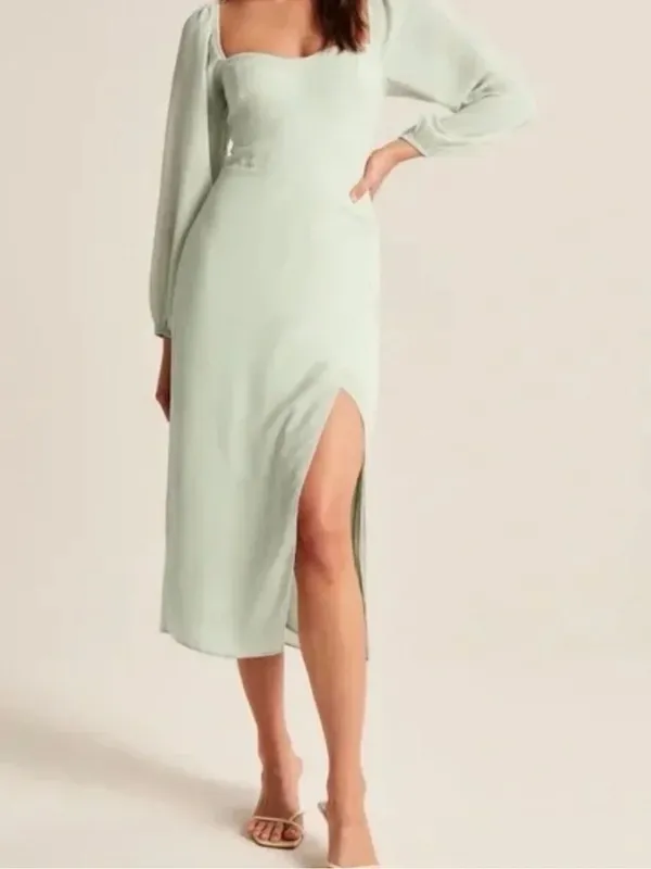 Abercrombie Sage Green Long Sleeve Midi Dress Medium Tall - Image 2