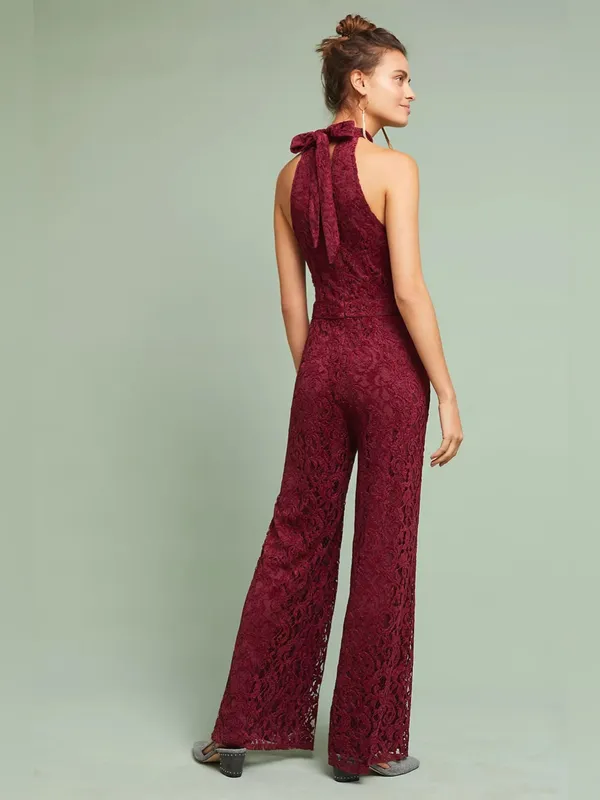 Ett:Twa Anthropologie Aida Halter Lace Jumpsuit in Burgundy - Image 2