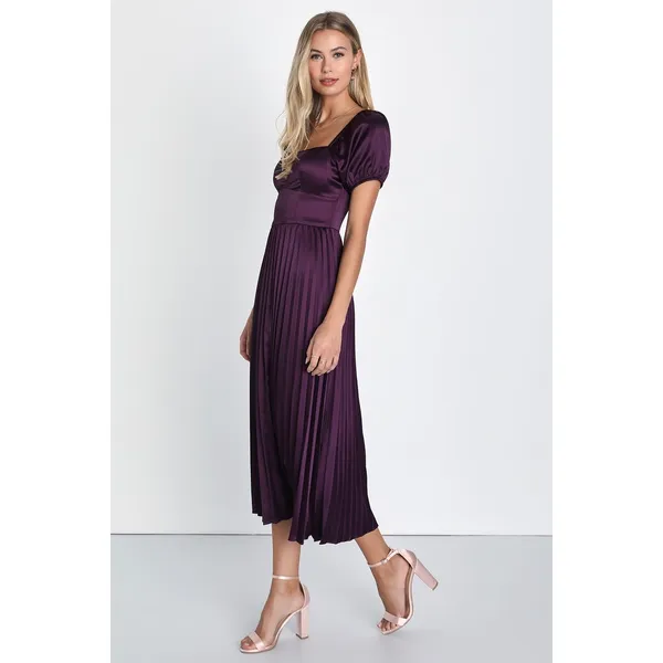NWOT Lulus Flawless Forever Dark Purple Satin Pleated Midi Dress Size XXS - Image 2