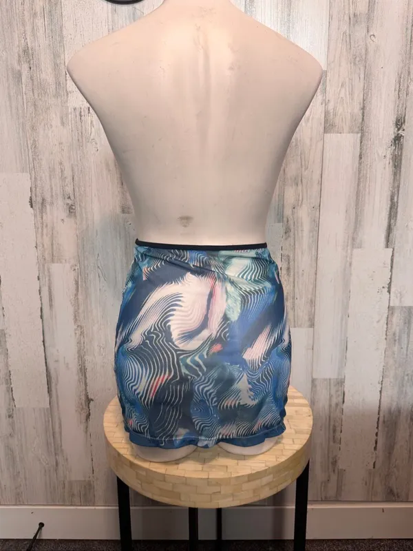 SheIn Abstract Graphic Mesh Mini Skirt Womens Size Small Sheer Blue Pink Cover Up - Image 4