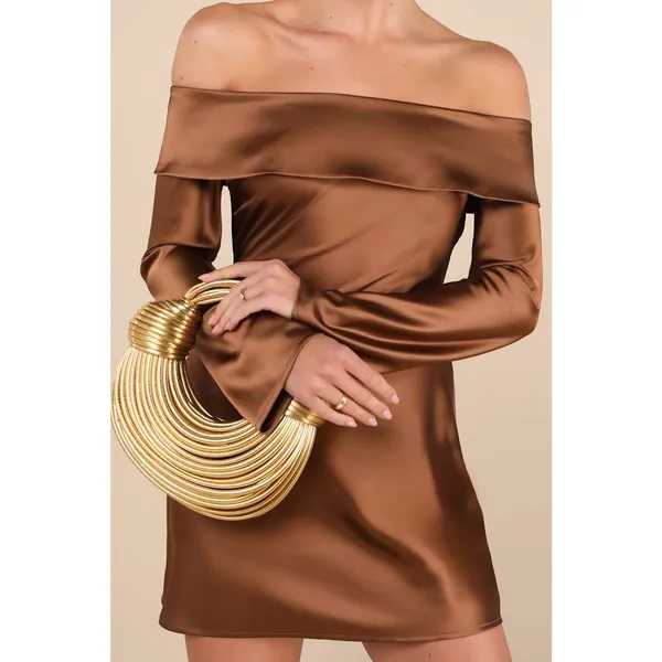 NWT Lulus Luxurious Vision Brown Satin Off-the-Shoulder Mini Dress Party Size L - Image 3