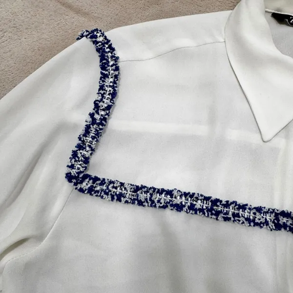 Zara White Button Down Blouse Blue Braided Tweed Trim‎ Gold Button Small - Image 4
