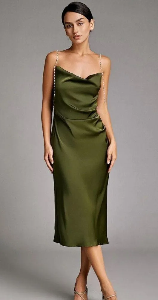 Elegant Olive Green Satin Dress - Image 3