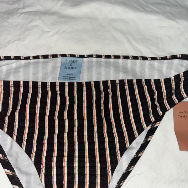 New Shade & Shore Bikini Bottom Low Rise Cheeky Textures Black Stripe Small - Image 2