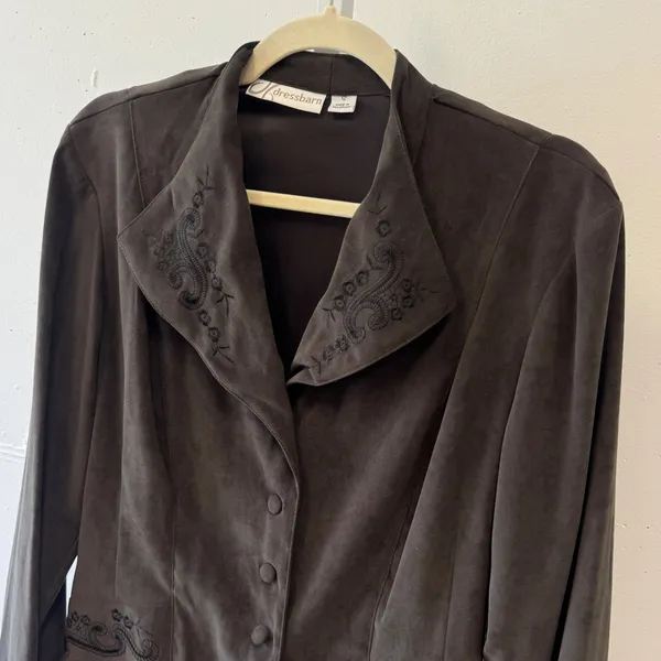 Dressbarn Olive Green Faux Suede Embroidered Blazer Jacket Size 12 Vintage Style - Image 4