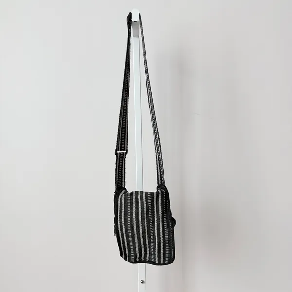 Black‎ Gray Striped Woven Crossbody Bag Multi-Pocket Travel Purse Boho Grunge - Image 2