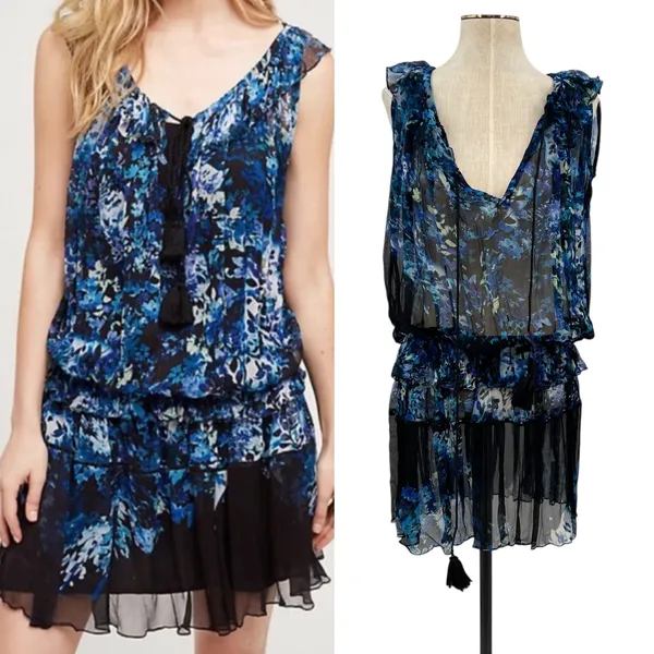 Anthropologie Tryb Dress Tunic‎ Drop Waist Floral Print Blue Size XS - Image 2