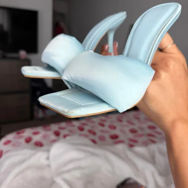 NWT Forever 21 Light Blue Leather Puffy Heel Sandals Women's Boho Slip-On Heels - Image 7