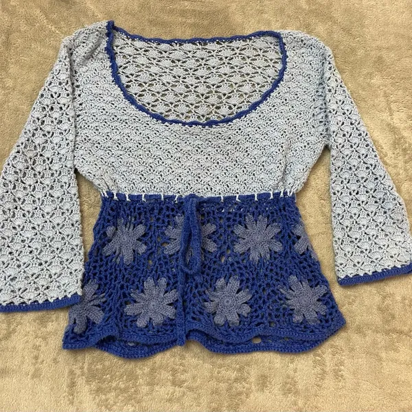 🩷Vintage Crochet Floral Periwinkle Blue Knit Handwoven Knit Pullover Sweater - Image 3