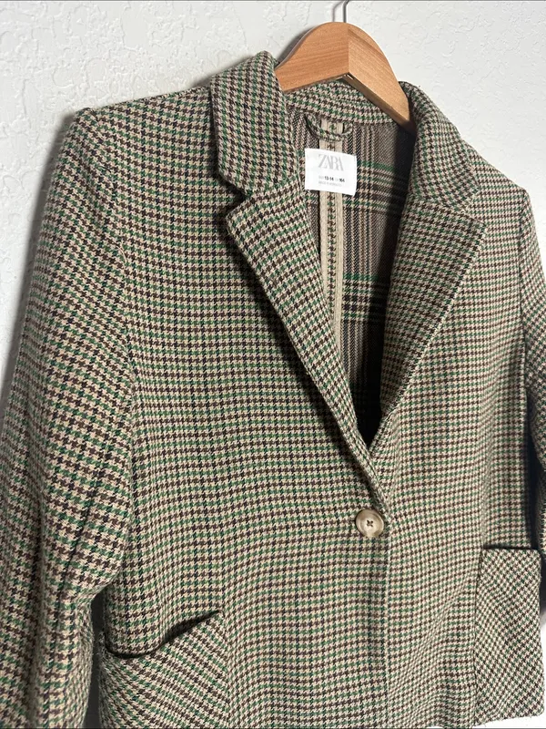 Vintage Zara Houndstooth Single Button Blazer Crop Academia Collegiate Business - Image 2