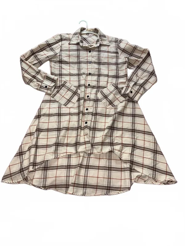 Asymmetrical Hem Plaid Long Sleeve Shirt Dress Tunic Flannel Style - Image 4