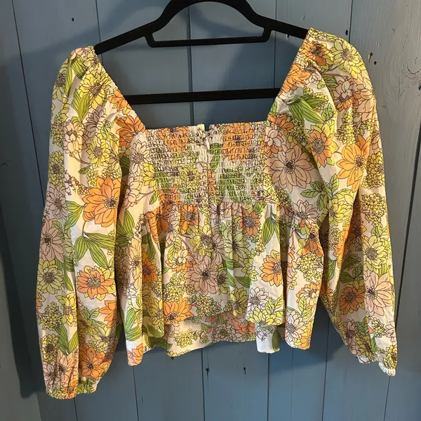 J. Crew Orange and Green Puff Sleeve Peplum Blouse | Size 4 - New - Image 3