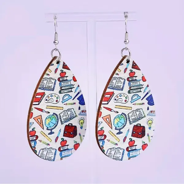 Teacher School Theme Waterdrop‎ Shaped Double-sided Print Wooden Earrings - Image 9