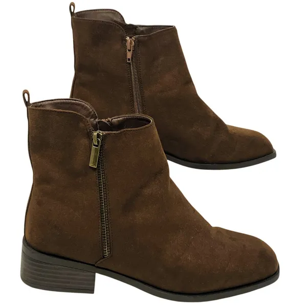 Short Brown Faux Suede Booties Zipper Boots Square Toe by JUSTFAB ~ Women's 8 - Image 4