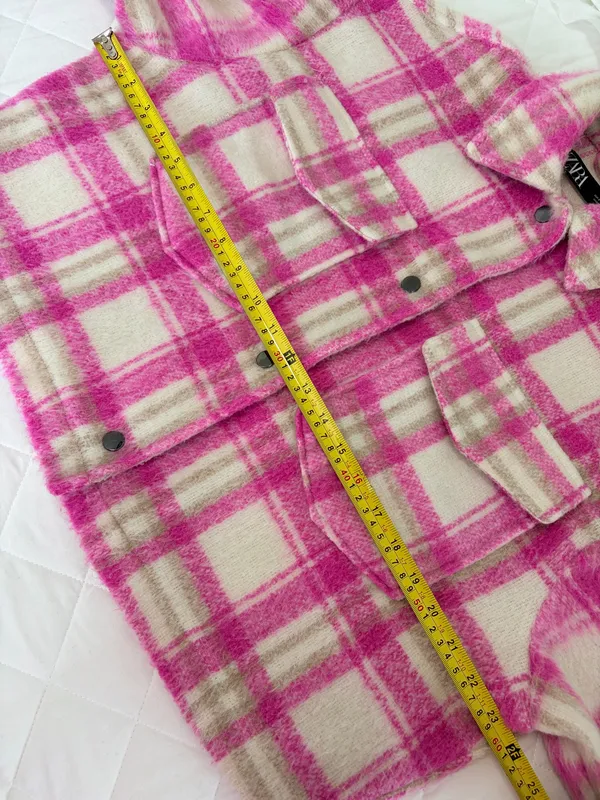 Zara Cropped Plaid Shacket Jacket Pink Cream Fuzzy Cozy Preppy Fall Size S - Image 4