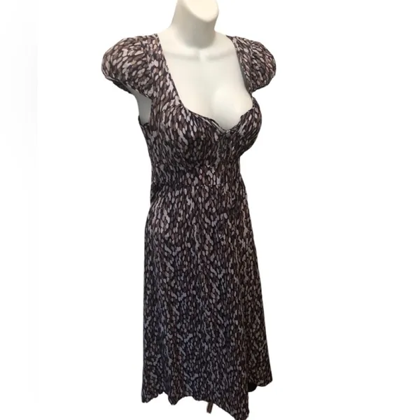 Banana Republic Printed Silk Blend Midi Peasant Dress 4 Tied Scoop Neck Brown - Image 2