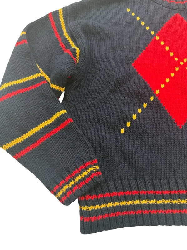 Lizwear Navy Red Gold Striped Argyle Mock Neck Sweater Colorblock Large Women's - Image 5
