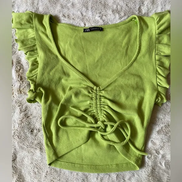 Zara Lime Green Ruched V-Neck Top size M cottton - Image 2