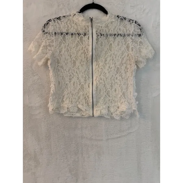 Zara Trafaluc White Lace Crop Top Short Sleeve Full Zip Back Textured Floral M‎ - Image 5