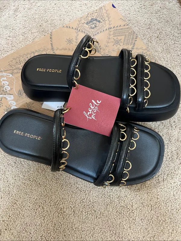 Free People Midas Touch Black Flatform Sandals with Gold Ring Trim - Image 2