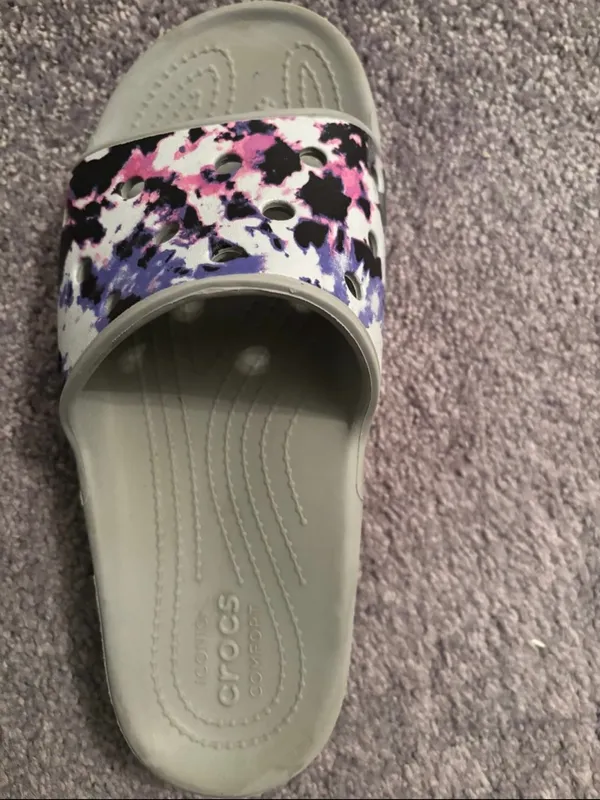 Crocs Women's Slide Sandals in Light Gray with Pink & Purple Print Size 11 - Image 3