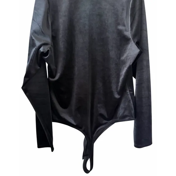Good American Plunge Neck‎ Velvet Long Sleeve Bodysuit Black Women's Size 4 - Image 6