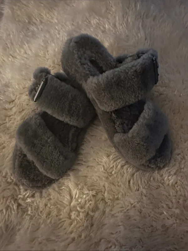 UGG yeah slipper Gray Double-Strap Shearling Slide Sandals - Image 2