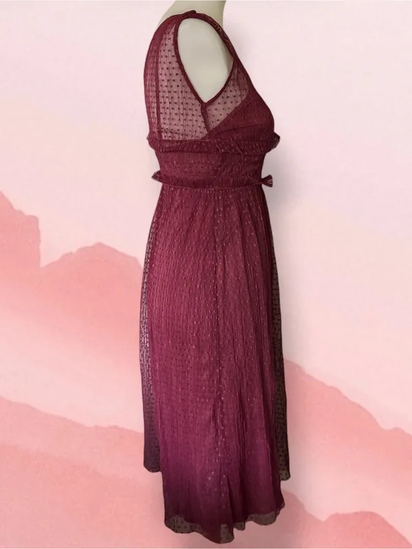 ZARA Burgundy Swiss Dot Mesh Midi Dress Small Sheer V-Neck Ruffle - Image 6