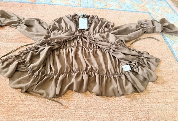 Zara Ruched Sheer Blouse Brown Ruffle Tie Front Long Sleeve Romantic Top NWT M - Image 6