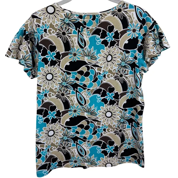 Ivy Crew Women Medium Turquoise Floral Paisley Cotton‎ Short Sleeve Top T-Shirt - Image 2
