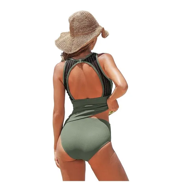 Cupshe Olive Green Ribbed Tankini Set High Neck Mesh Cutout Back Size M - Image 2